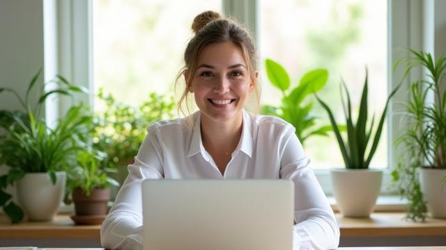 A person confidently working in a bright, modern office, symbolizing employee well-being.